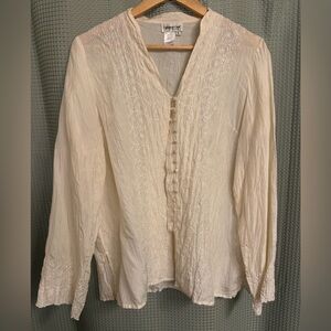 100% Silk Coldwater Creek Cream Embroidered Button-Front Blouse
